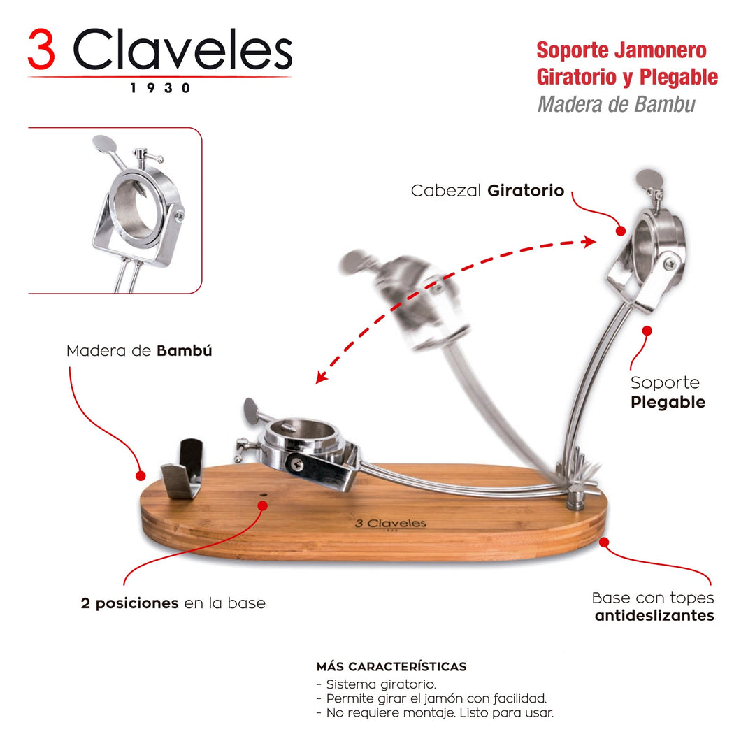 3 Claveles 01733 - Soporte Jamonero Plegable en Bamboo y Metal con Cabezal Giratorio