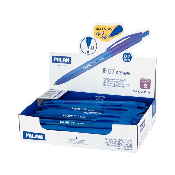 MILAN - Pack de 5 Bolígrafos Roller P07 Dry-Gel. Tinta Base Aceite Secado Rápido. Azul