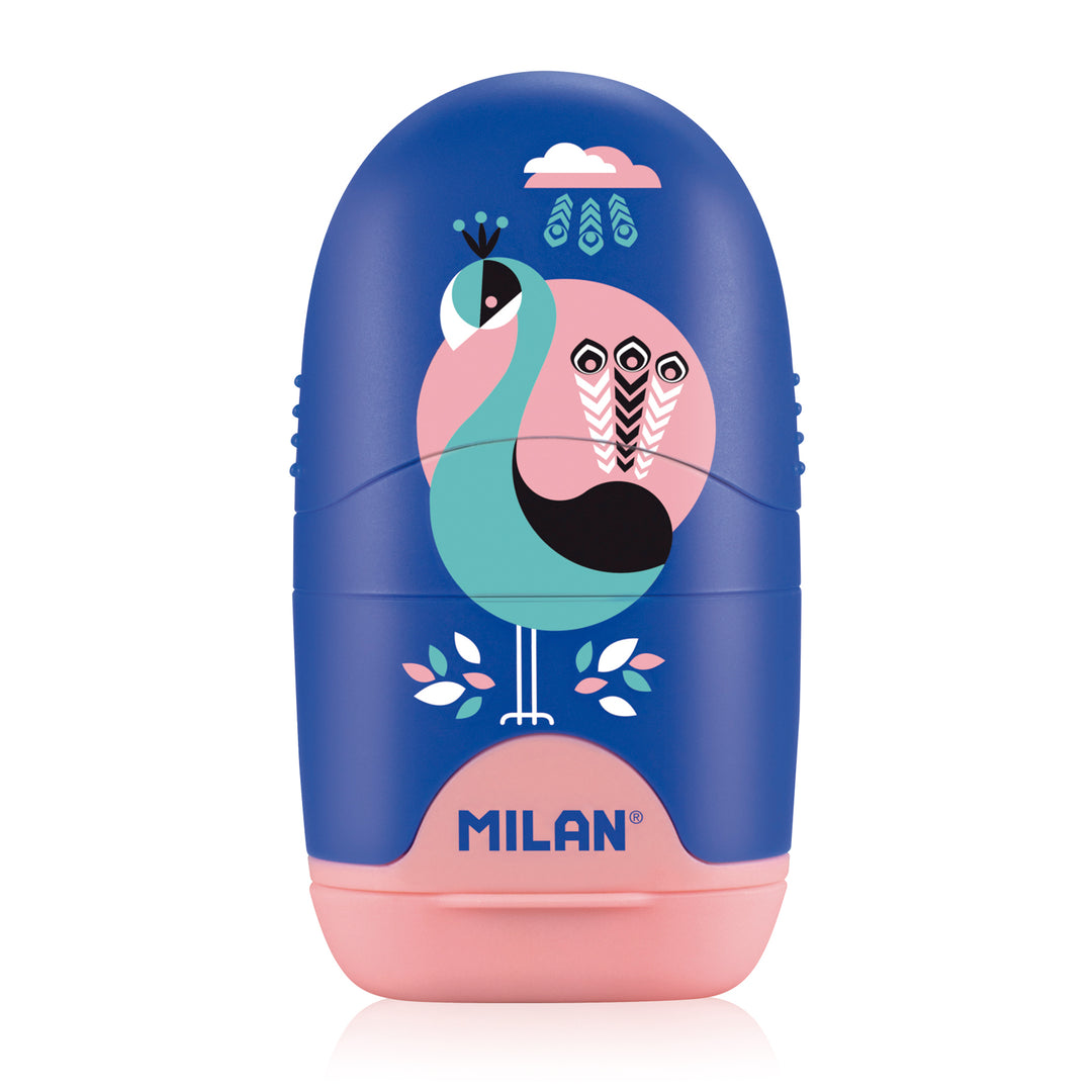 MILAN COMPACT PEACOCK - Afilaborra Compact. Combinación de Goma y Sacapuntas. Azul-Rosa