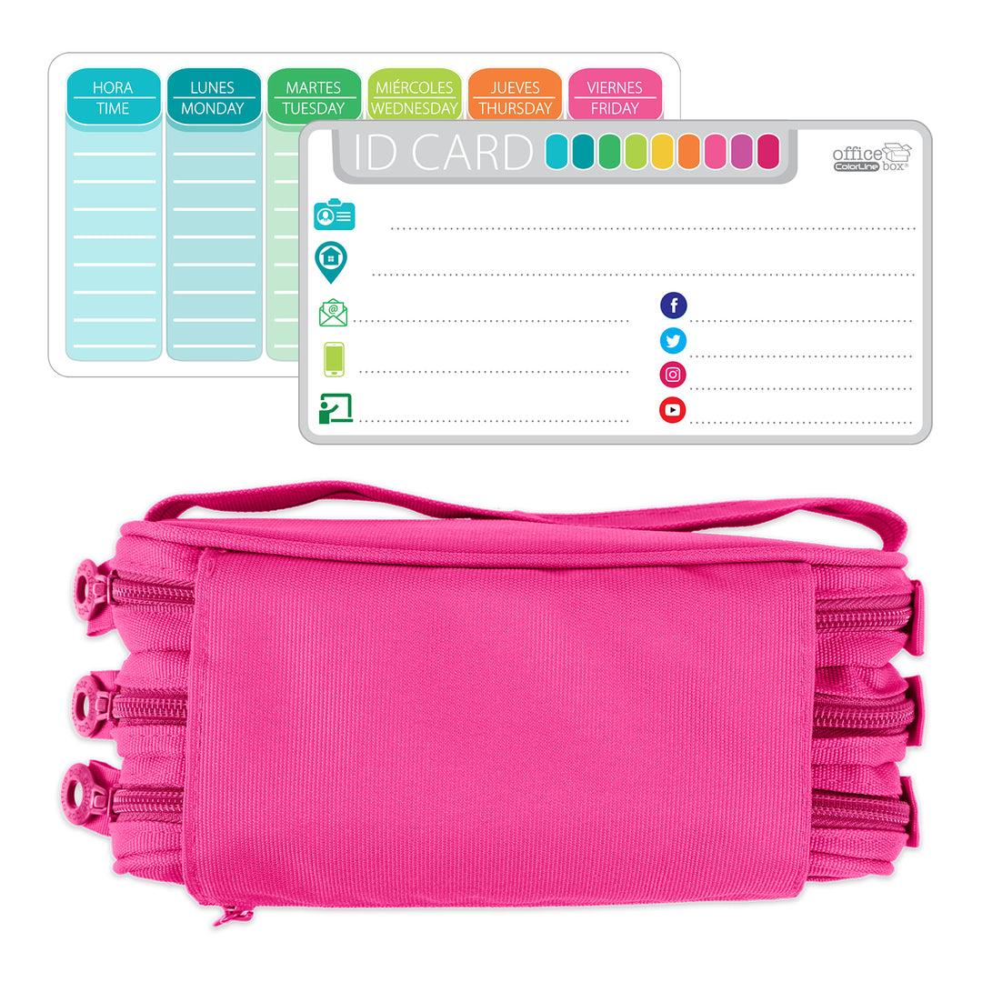 ColePack Eco - Estuche Triple de 3 Cremalleras con Material Escolar Incluido. Fucsia