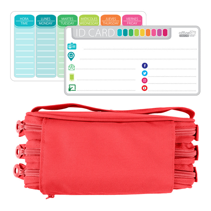 ColePack Eco - Estuche Triple de 3 Cremalleras con Material Escolar Incluido. Rojo Coral