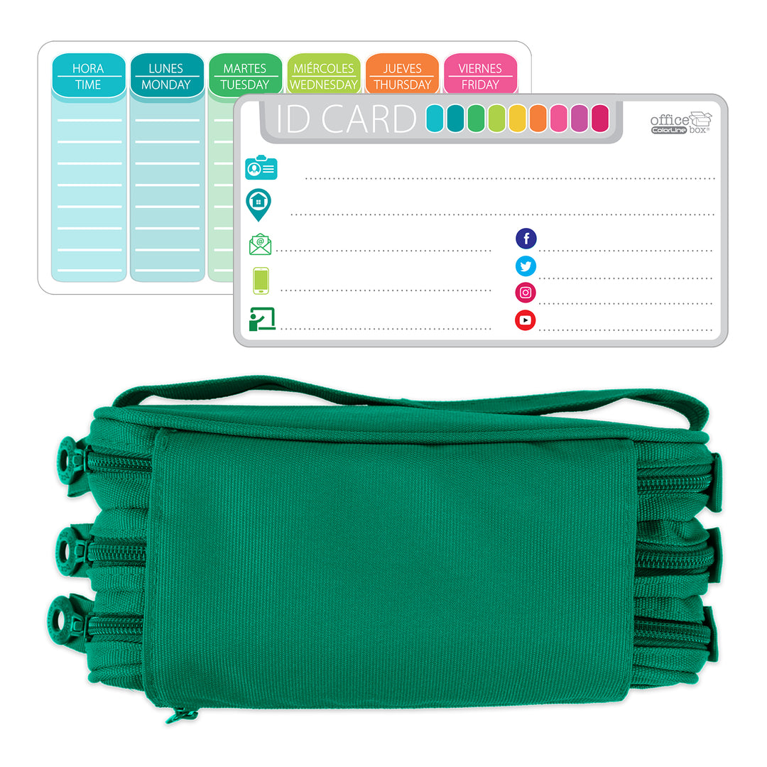 ColePack Eco - Estuche Triple de 3 Cremalleras con Material Escolar Incluido. Verde