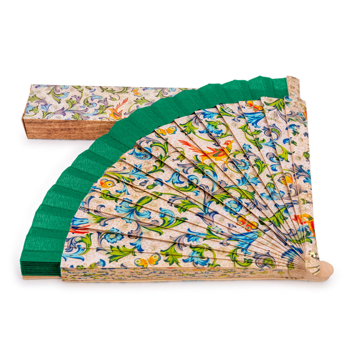 APARISI - Abanico Plegable de 23 cm en Madera Estampada. Carta Fioren Verde