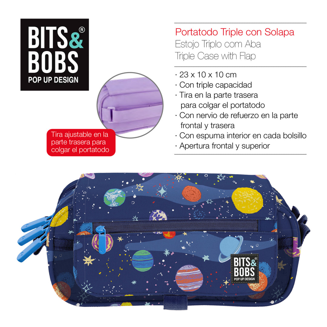 ColePack EcoDes - Estuche Triple de 3 Cremalleras con Material Escolar Incluido. Space