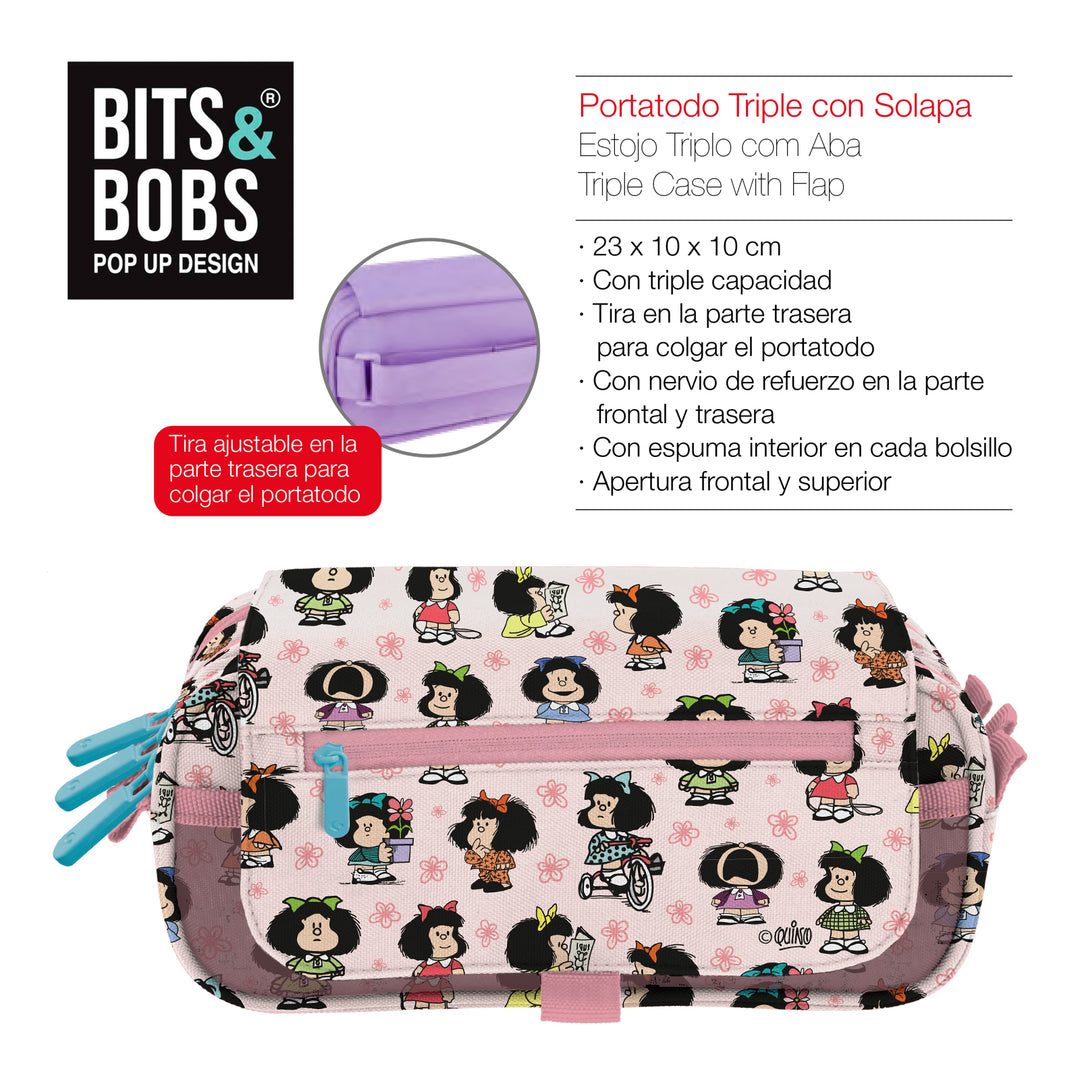 Grafoplás Mafalda - Estuche Portatodo Triple con Solapa para Material Escolar. Rosa