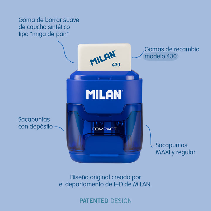 MILAN Vikings - Afilaborra Compact. Combinación de Goma y Sacapuntas Doble Azul