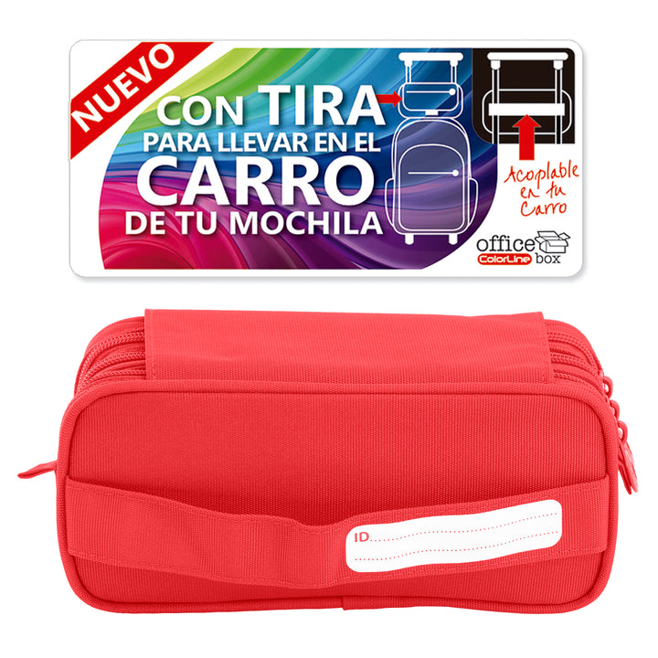 ColePack23 - Estuche Triple de 3 Cremalleras con Material Escolar Incluido. Rojo Coral