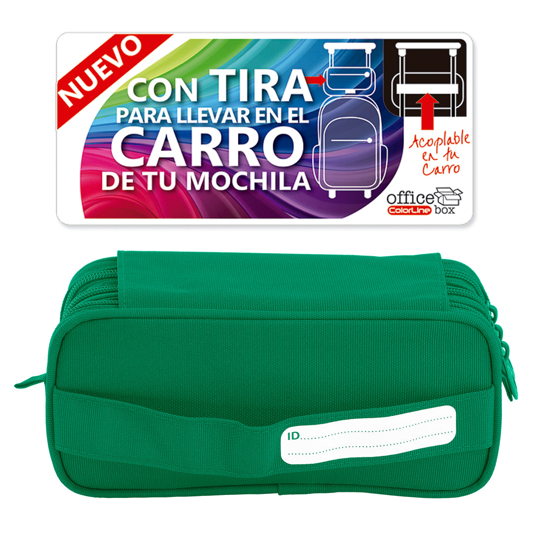 ColePack Eco - Estuche Triple de 3 Cremalleras con Material Escolar Incluido. Verde