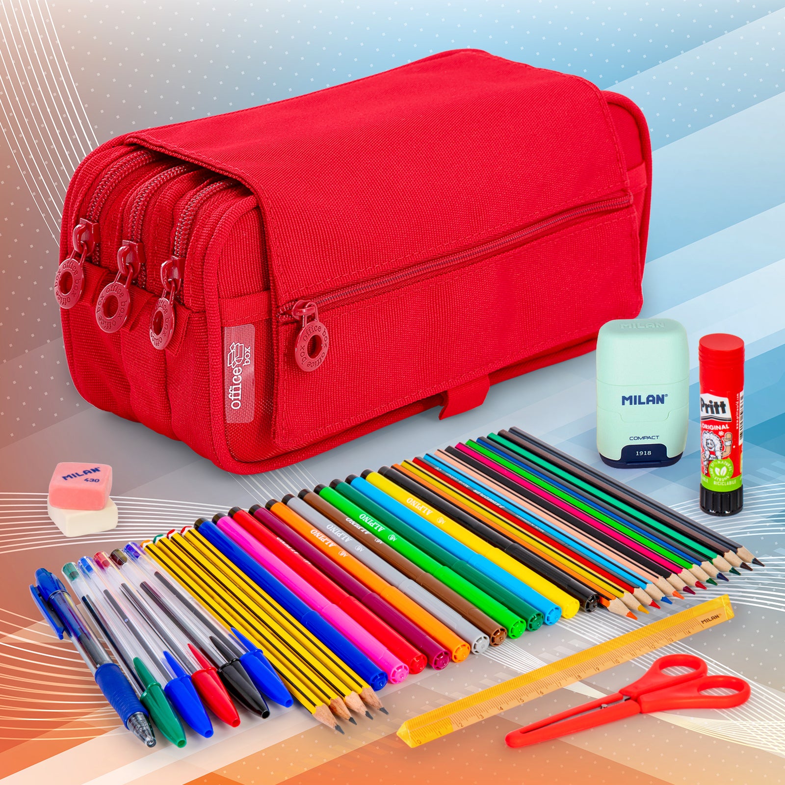 ColePack Pro - Estuche Triple de 3 Cremalleras con Material Escolar Incluido. Rojo