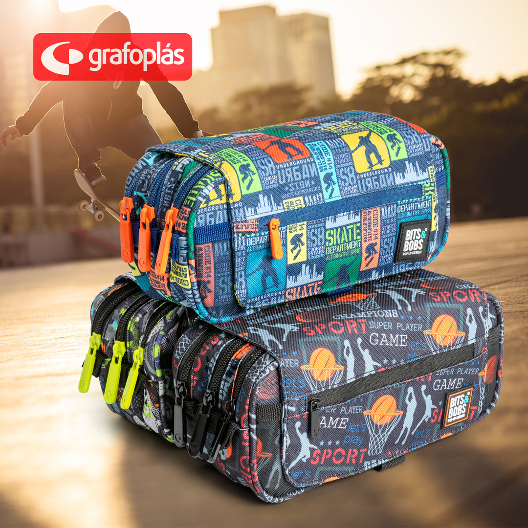 Grafoplás Design - Estuche Portatodo Triple con Solapa para Material Escolar. Skate