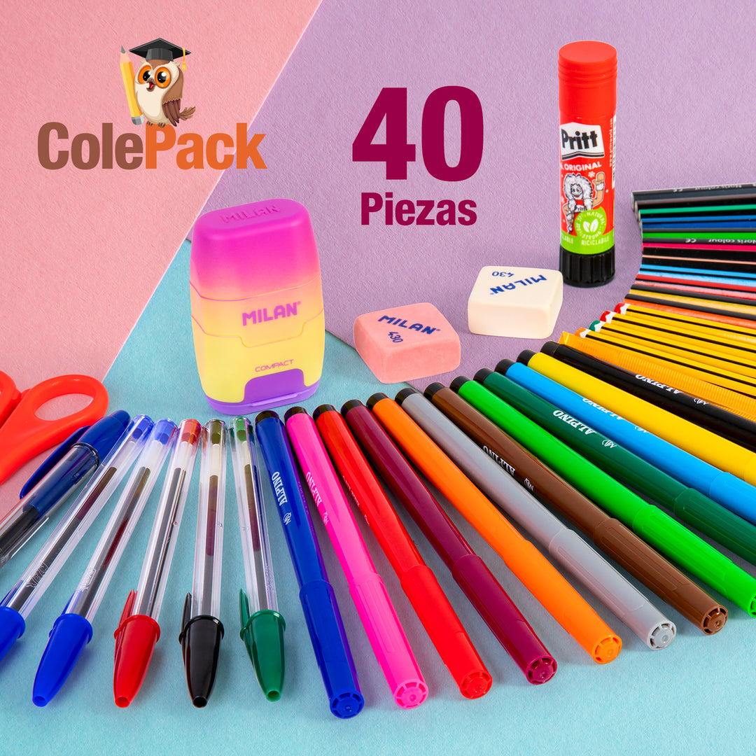 ColePack BitsBobs - Estuche Escolar Cuádruple de 4 Cremalleras y Material Incluido. Magenta