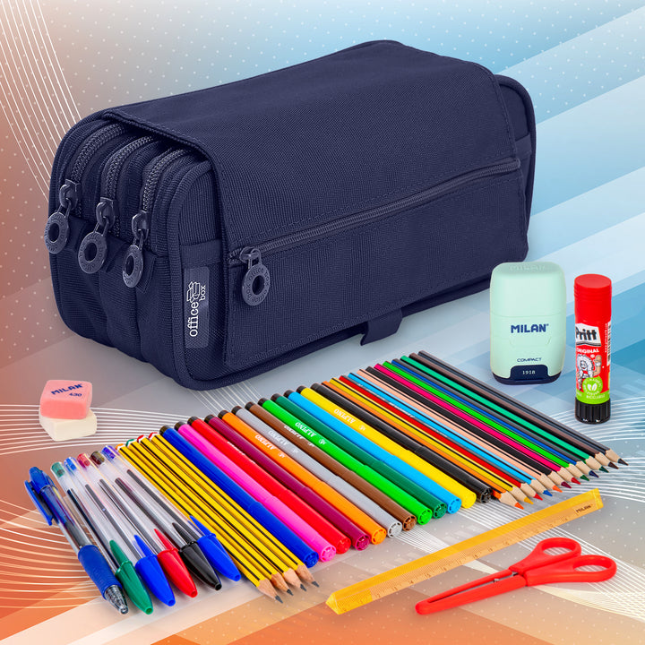 ColePack23 - Estuche Triple de 3 Cremalleras con Material Escolar Incluido. Azul Marino