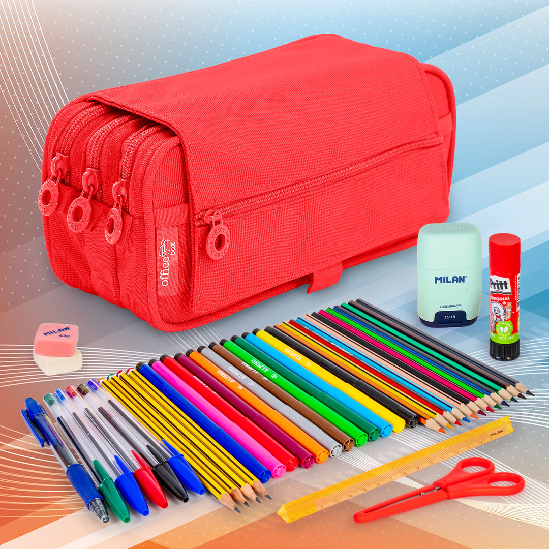 ColePack23 - Estuche Triple de 3 Cremalleras con Material Escolar Incluido. Rojo Coral