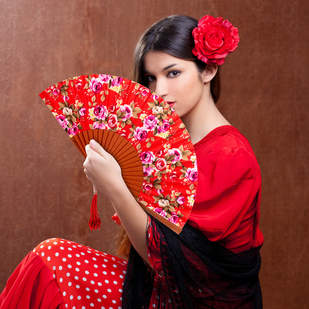 APARISI - Abanico Plegable de 23 cm en Madera y Tela Estampada. Flores Rojo