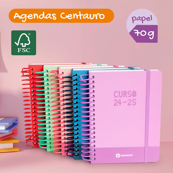 Grafoplás - Agenda Escolar A5 2 Días Página Curso 24-25. Acabado Soft y Pegatinas. Centauro Lavanda