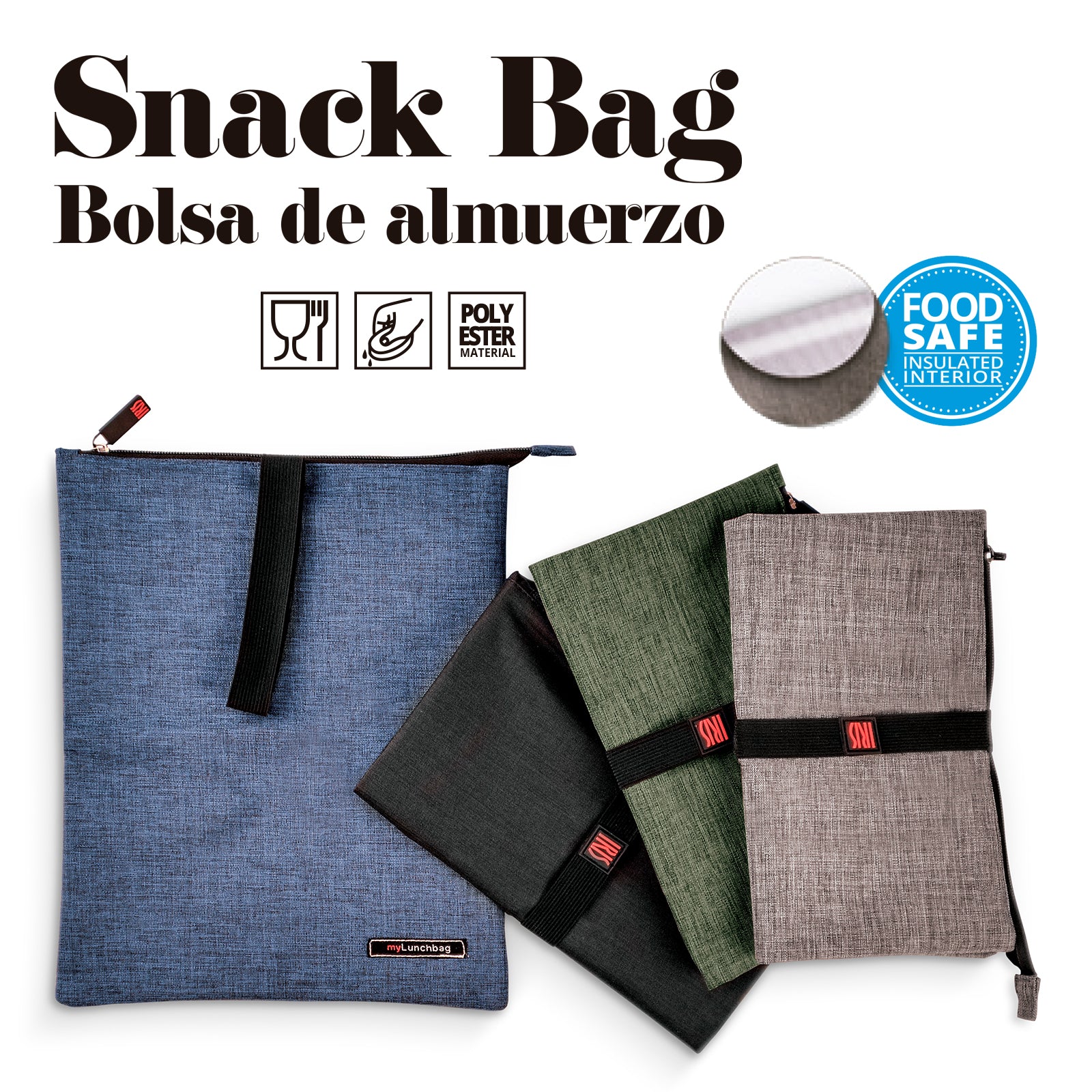 IRIS Snack Bag - Bolsa Porta Alimentos con Cierre de Cremallera y Goma Ajustable. Negro