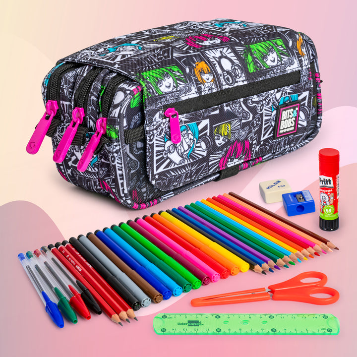 ColePack EcoDes - Estuche Triple de 3 Cremalleras con Material Escolar Incluido. Yuku