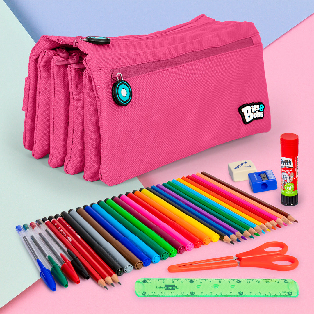 ColePack Eco36 - Estuche Cuadruple de 4 Cremalleras con Material Escolar Incluido. Fucsia