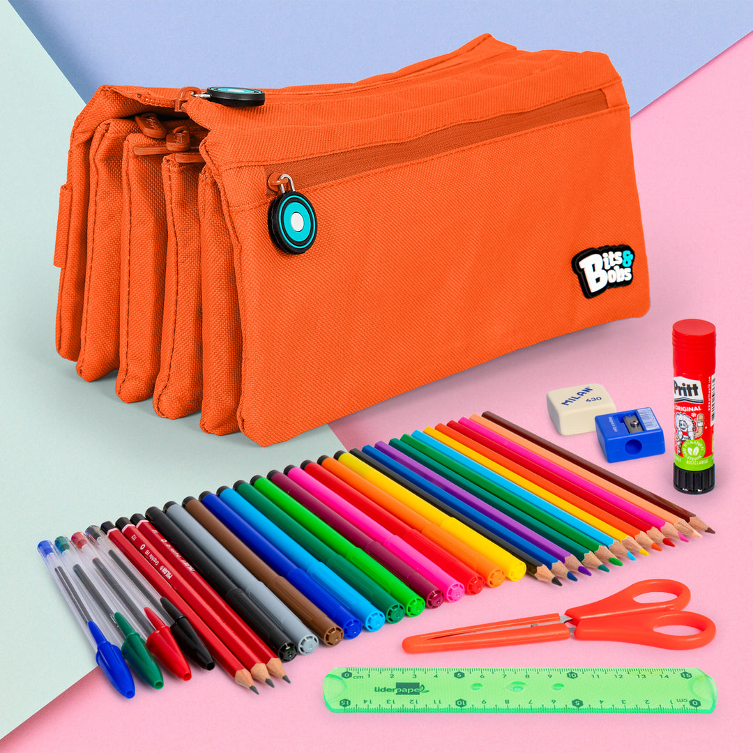 ColePack Eco36 - Estuche Cuadruple de 4 Cremalleras con Material Escolar Incluido. Naranja