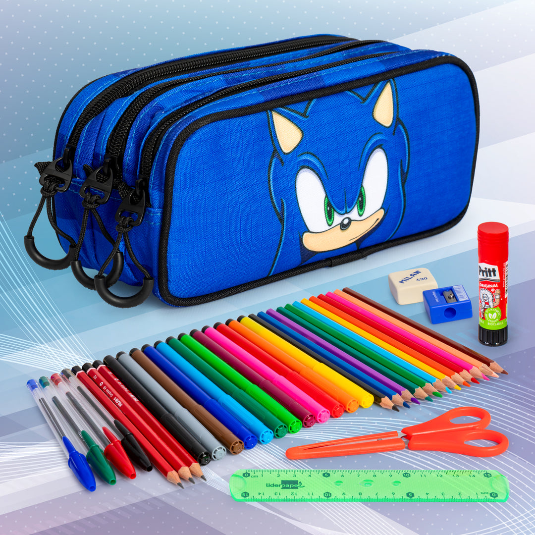 KARACTERMANIA Sonic Sight - Estuche Escolar Triple Tres Cremalleras TRICK FAN Azul