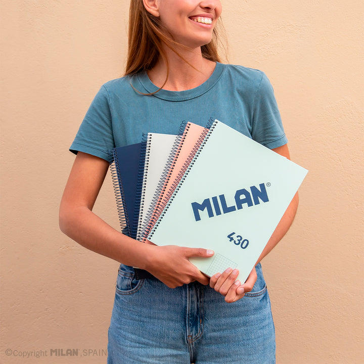 MILAN 430 - Pack 4 Cuadernos A5 Espiral y Tapa Dura. Papel Cuadriculado 80 Hojas 95gr
