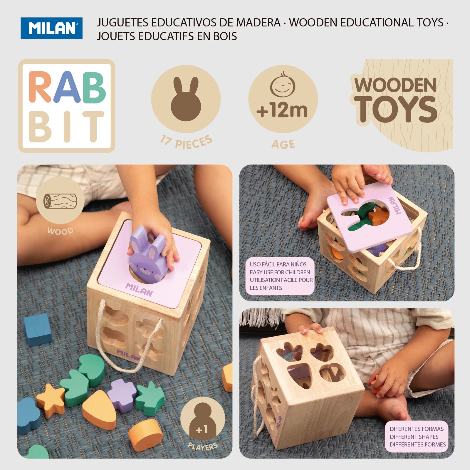 MILAN Rabbit - Juguete Educativo de Madera Cubo Encajar Piezas. Edad 12 Meses