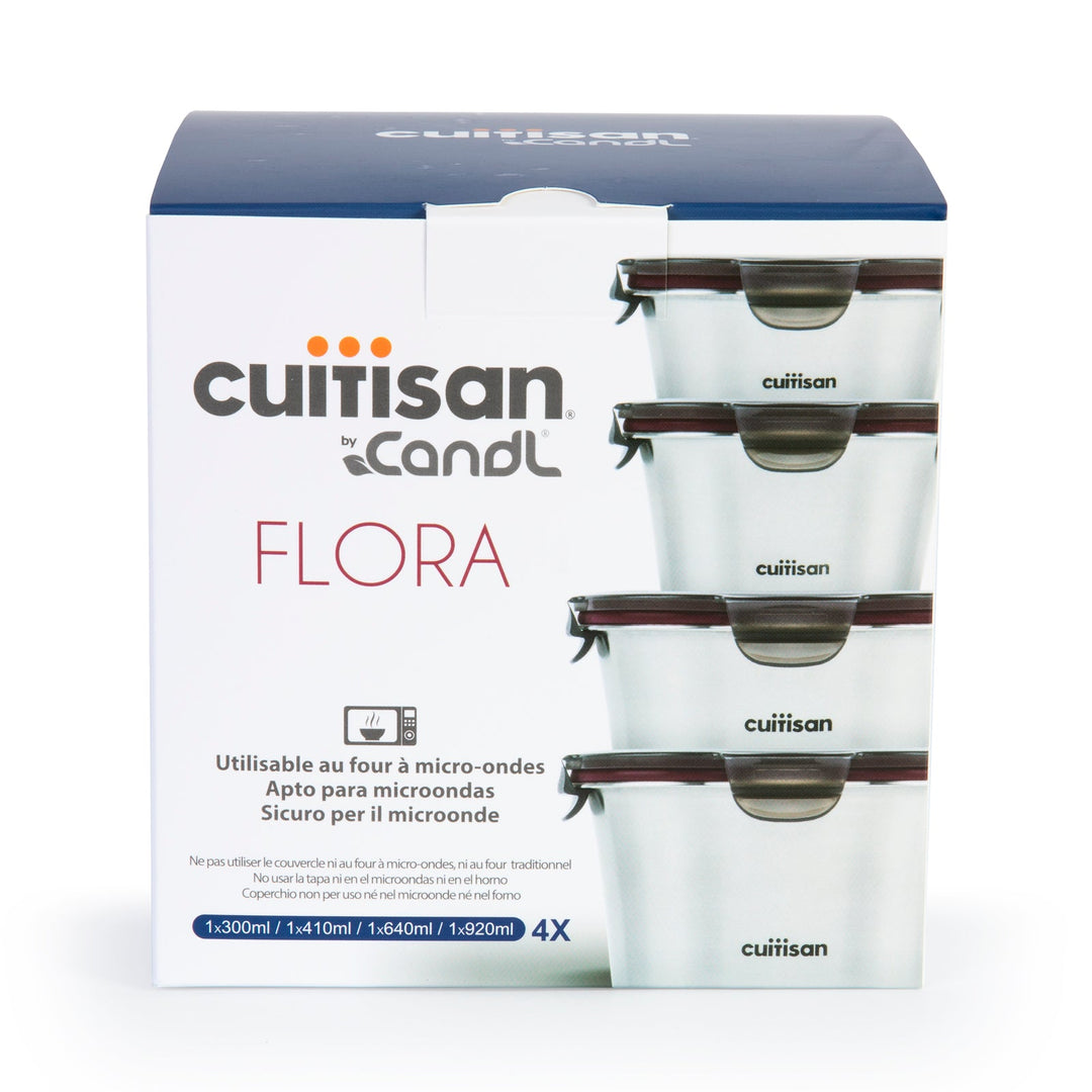 Cuitisan Flora - Lote de 4 Recipientes Redondos de 0.3L, 0.4L, 0.6L y 0.9L en Acero Inoxidable Apto Microondas