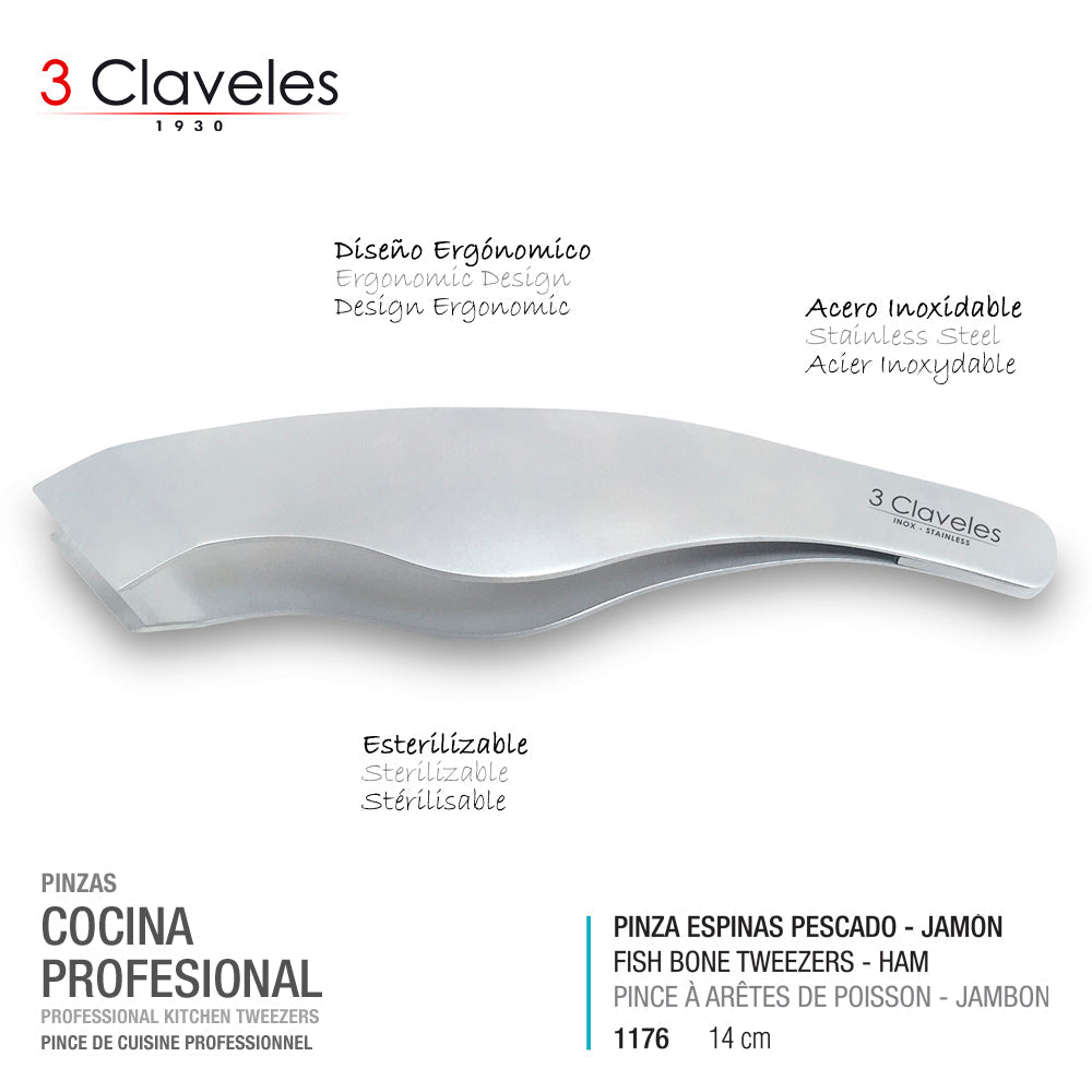 3 Claveles - Pinza Ergonómica para Espinas de Pescado y Jamón de 14 cm