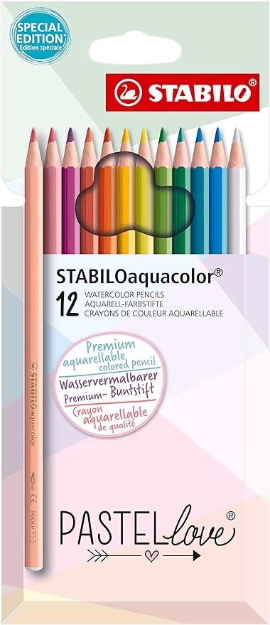 STABILO - Lápices Aquacolor Acuarelables Pastel Love Estuche de 12 Colores