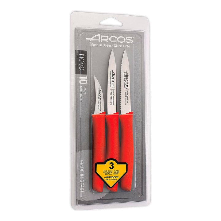 ARCOS Nova - Juego de 3 Cuchillos Mondadores en Acero Inoxidable NITRUM®. Rojo