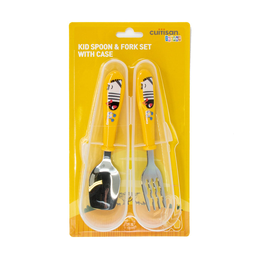 Cuitisan Baby - Set de Cubiertos Infantiles de 18 cm en Acero Inoxidable con Funda. Amarillo