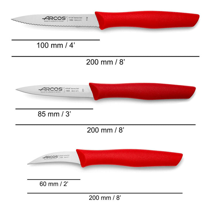 ARCOS Nova - Juego de 3 Cuchillos Mondadores en Acero Inoxidable NITRUM®. Rojo
