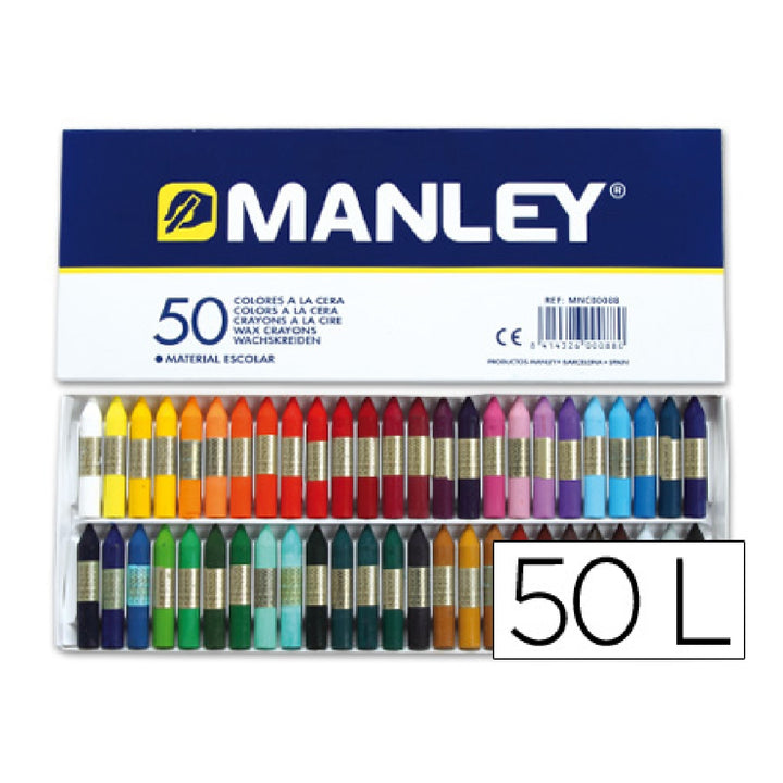MANLEY - Lapices Cera Manley Caja de 50 Colores Surtidos