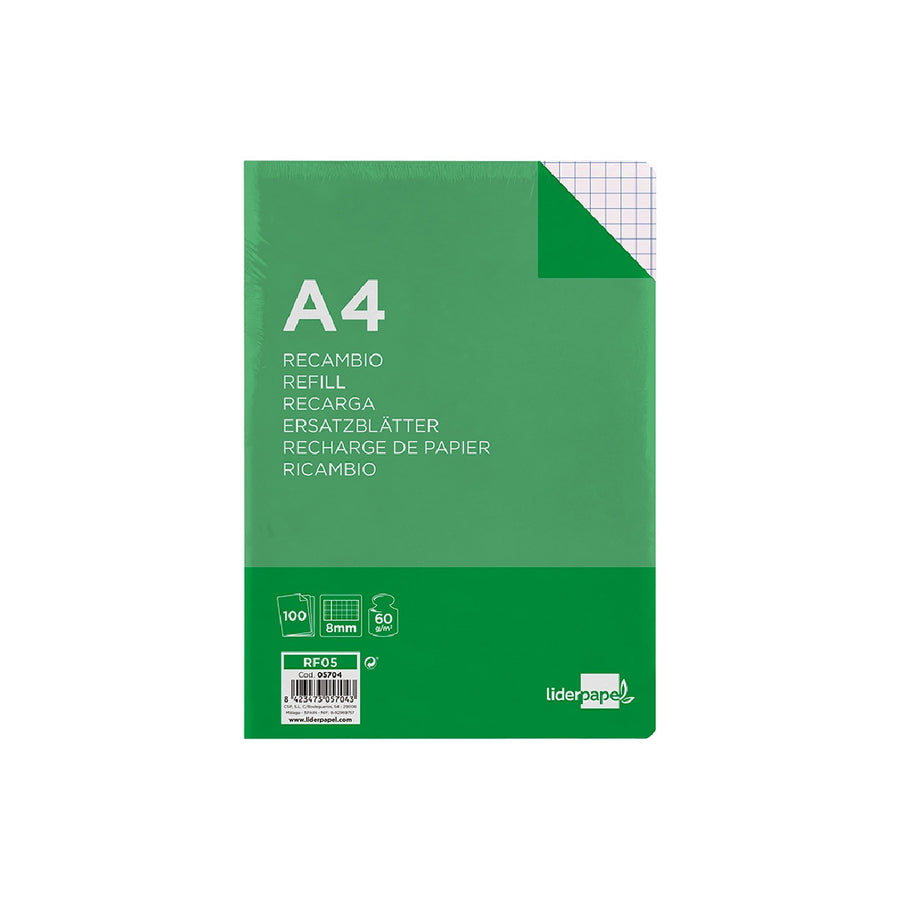 LIDERPAPEL - Recambio Liderpapel A4 100 Hojas 60g/M2 Cuadro 8mm Con Margen 4 Taladros