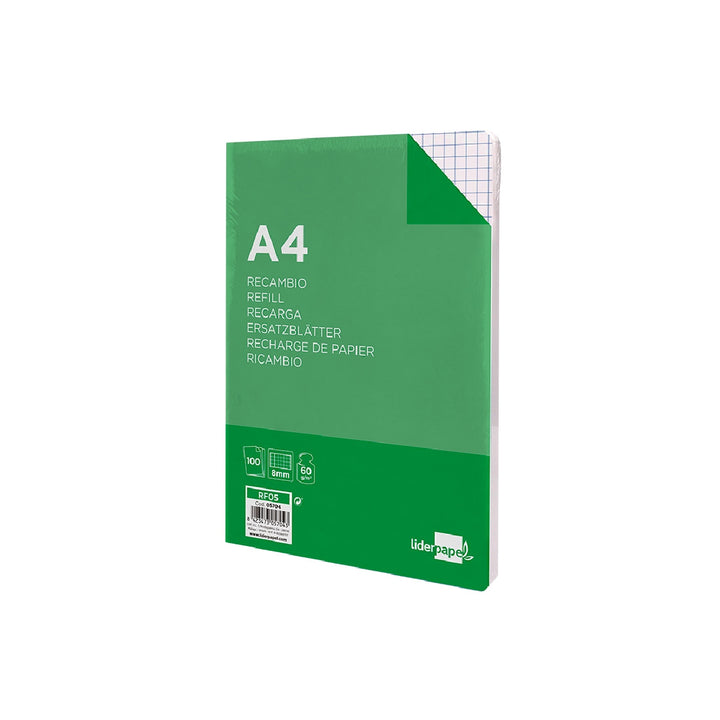 LIDERPAPEL - Recambio Liderpapel A4 100 Hojas 60g/M2 Cuadro 8mm Con Margen 4 Taladros