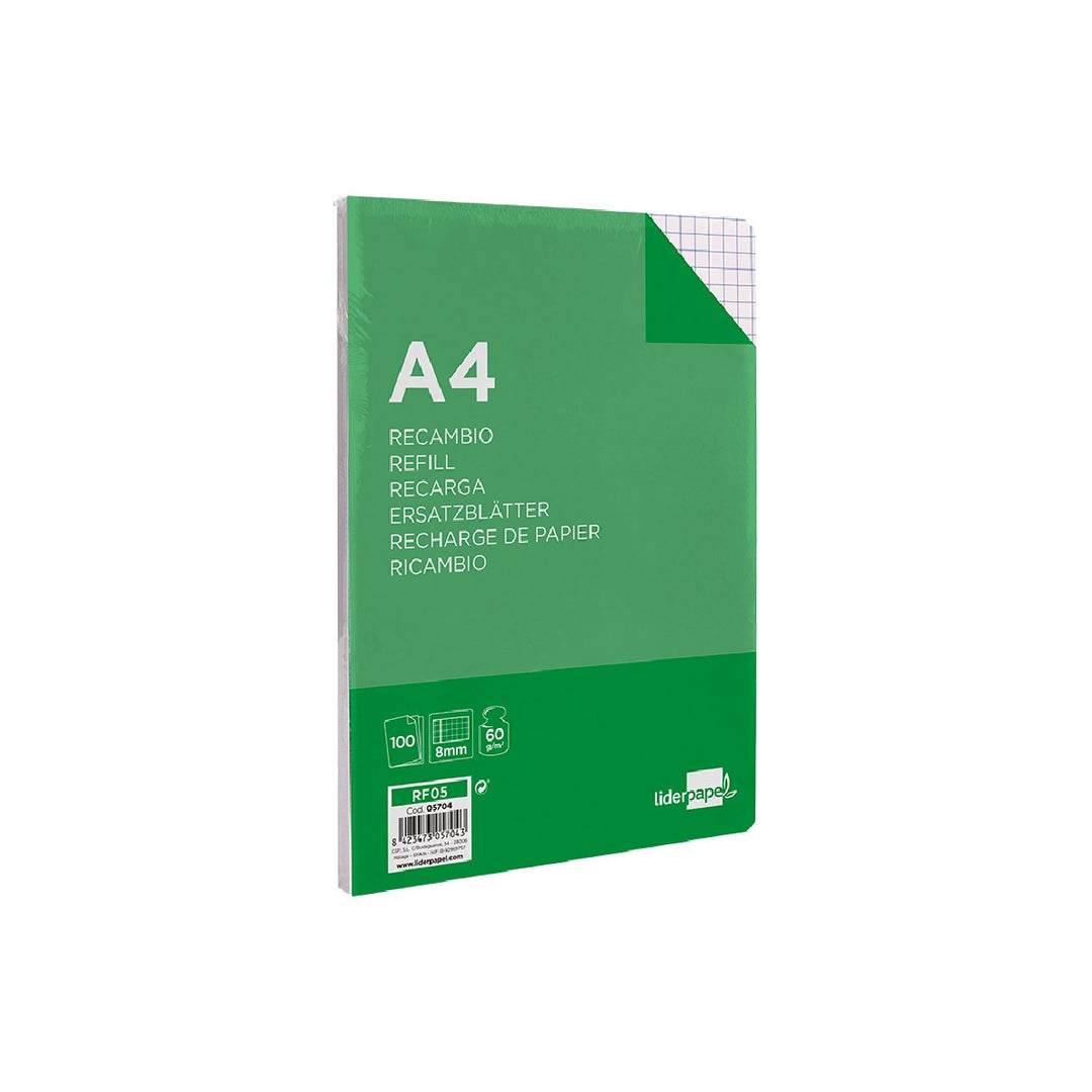 LIDERPAPEL - Recambio Liderpapel A4 100 Hojas 60g/M2 Cuadro 8mm Con Margen 4 Taladros