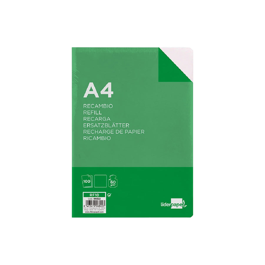 LIDERPAPEL - Recambio Liderpapel A4 100 Hojas 60g/M2 Liso Sin Margen 4 Taladros