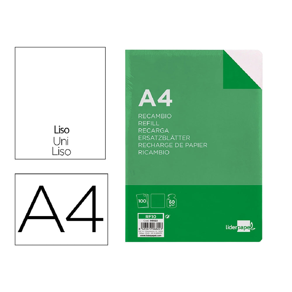 LIDERPAPEL - Recambio Liderpapel A4 100 Hojas 60g/M2 Liso Sin Margen 4 Taladros