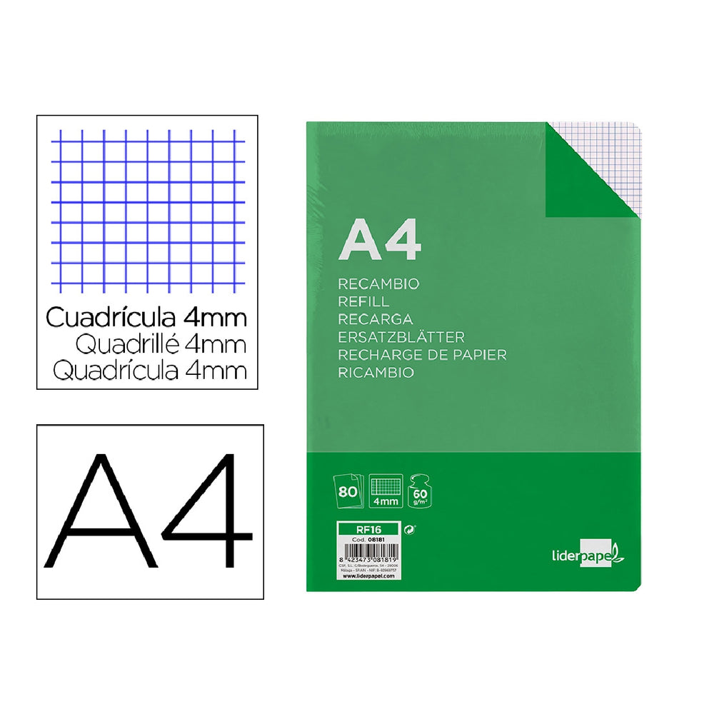 LIDERPAPEL - Recambio Liderpapel A4 80 Hoja 60g/M2 Cuadro 4 mm Con Margen 4 Taladros