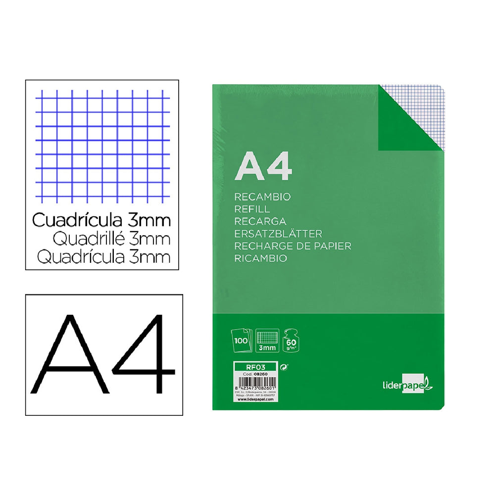 LIDERPAPEL - Recambio Liderpapel A4 100 Hojas 60g/M2 Cuadro 3 mm Con Margen 4 Taladros