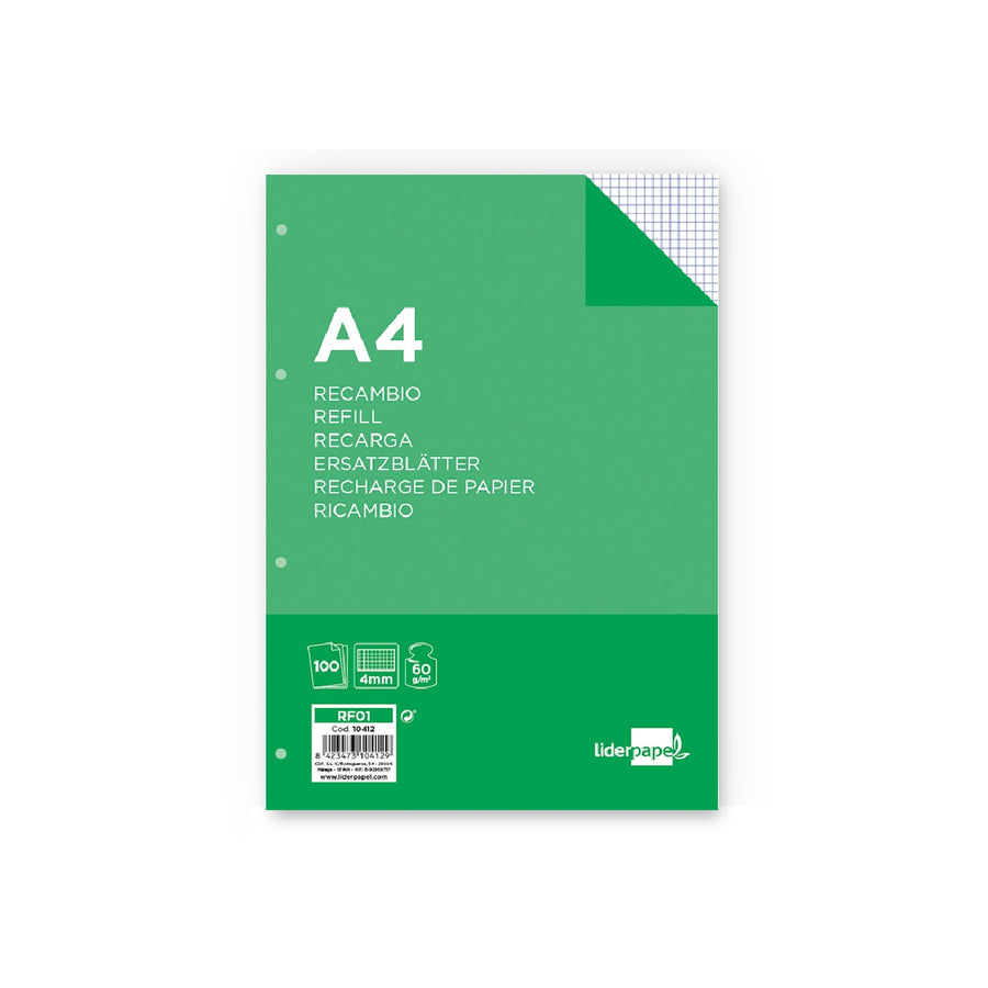 LIDERPAPEL - Recambio Liderpapel A4 100 Hojas 60g/M2 Cuadro 4 mm Con Margen 4 Taladros