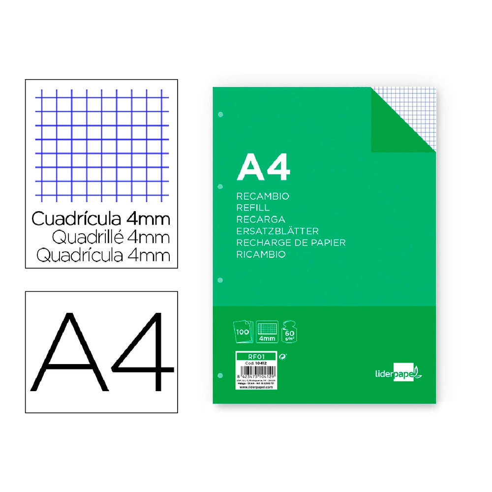 LIDERPAPEL - Recambio Liderpapel A4 100 Hojas 60g/M2 Cuadro 4 mm Con Margen 4 Taladros