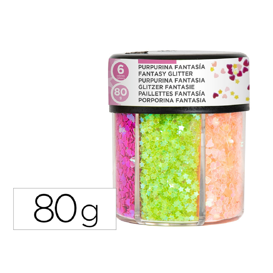LIDERPAPEL - Purpurina Fantasia Liderpapel Corazon y Estrella Colores Neon Bote de 80gr