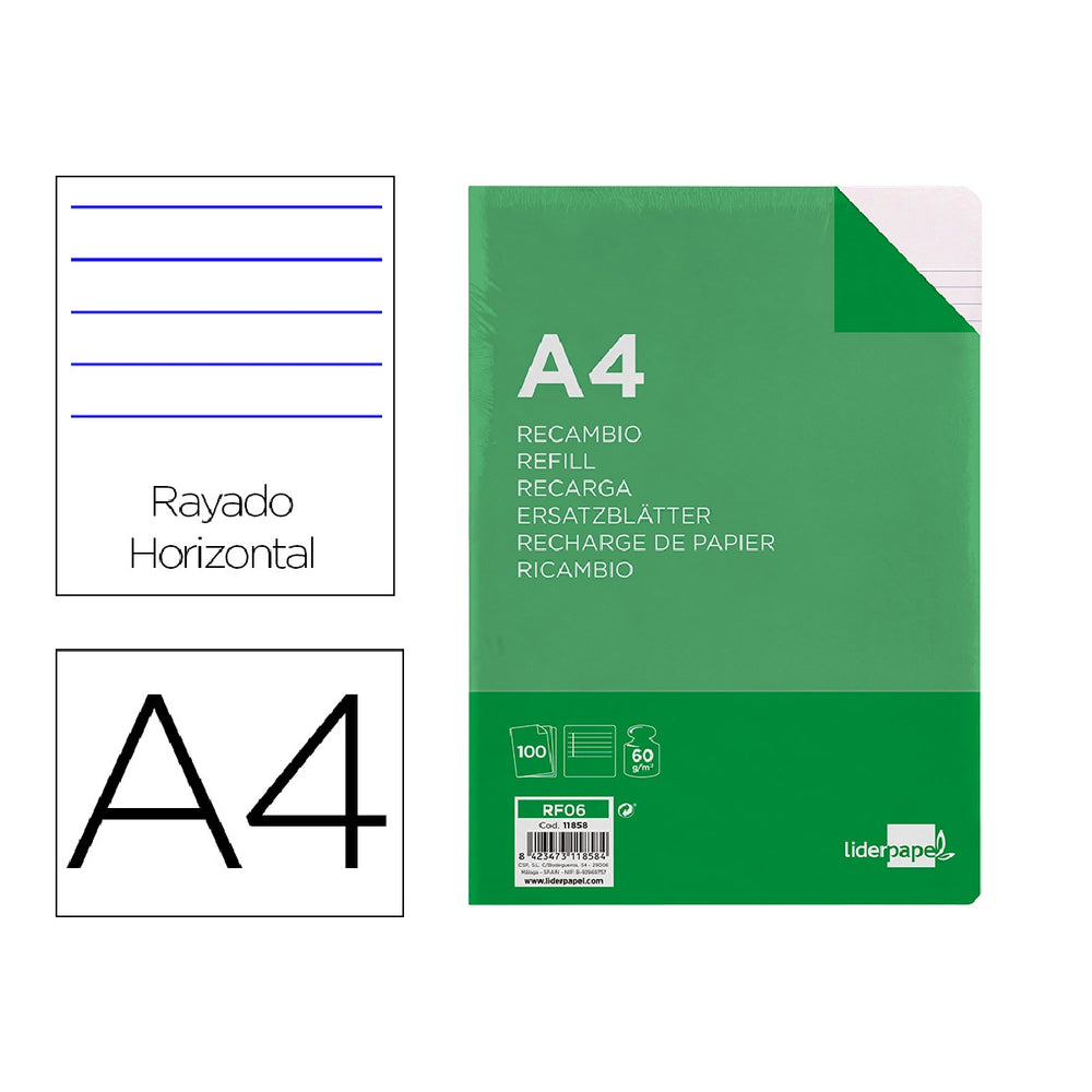 LIDERPAPEL - Recambio Liderpapel A4 100 Hojas 60g/M2 Horizontal Con Margen 4 Taladros