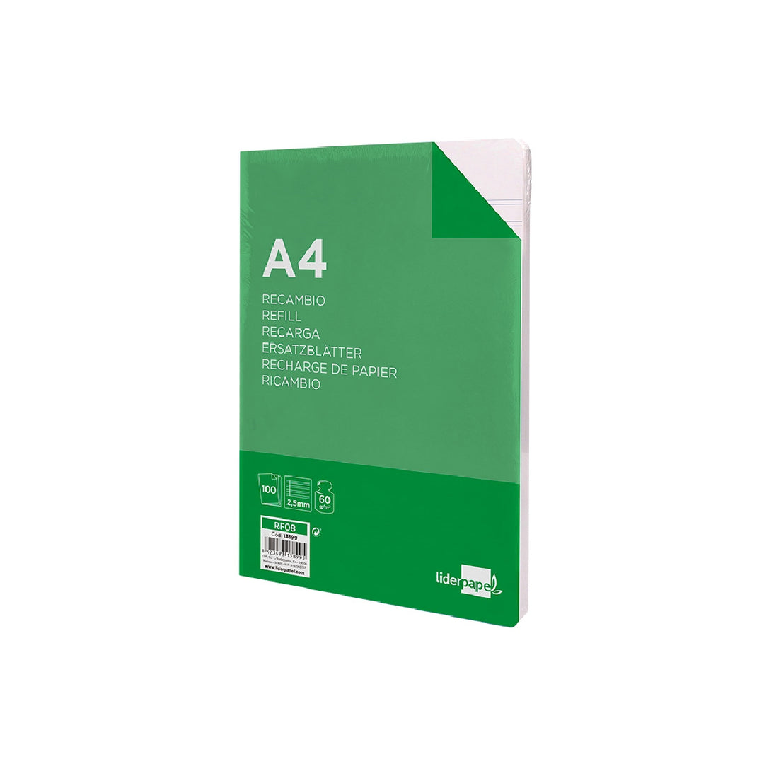 LIDERPAPEL - Recambio Liderpapel A4 100 Hojas 60g/M2 Pauta 5ª 2.5mm Con Margen 4 Taladros