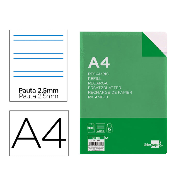 LIDERPAPEL - Recambio Liderpapel A4 100 Hojas 60g/M2 Pauta 5ª 2.5mm Con Margen 4 Taladros