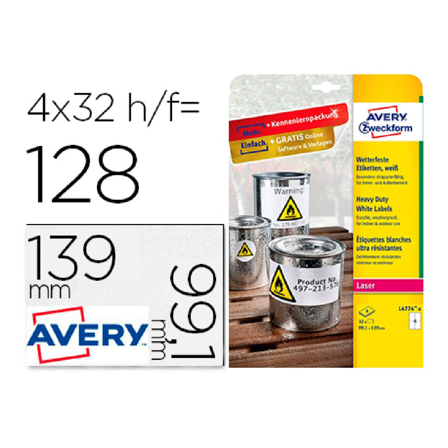 AVERY - Etiqueta Adhesiva Resistente Avery Poliester Blanco 99.1x139 mm Para Impresora Laser Pack de 32 Unidades