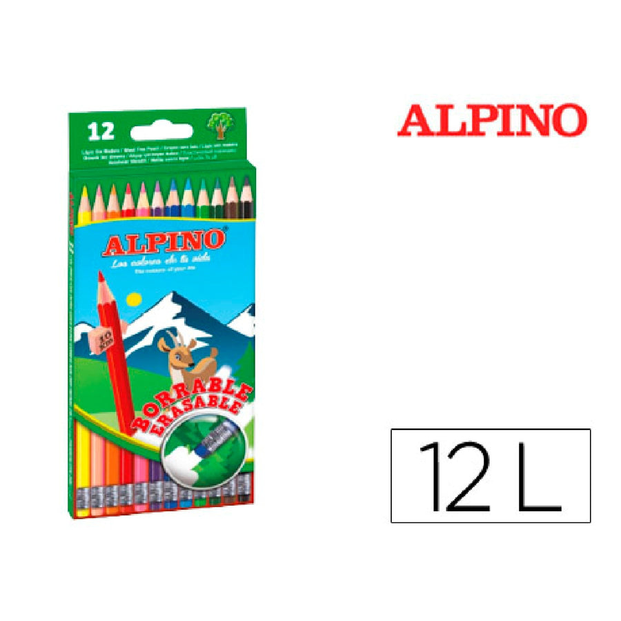 ALPINO - Lapices de Colores Alpino Borrable Con Goma Caja de 12 Colores Surtidos