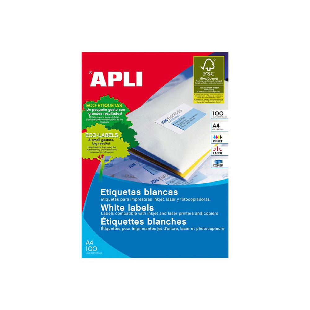APLI - Etiqueta Adhesiva Apli 2423 Tamano 199.6x144.5 mm Fotocopiadora Laser Ink-Jet Caja Con 100 Hojas Din A4