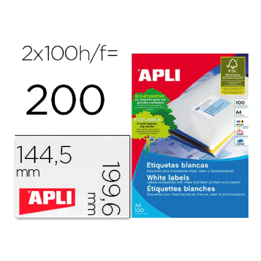 APLI - Etiqueta Adhesiva Apli 2423 Tamano 199.6x144.5 mm Fotocopiadora Laser Ink-Jet Caja Con 100 Hojas Din A4